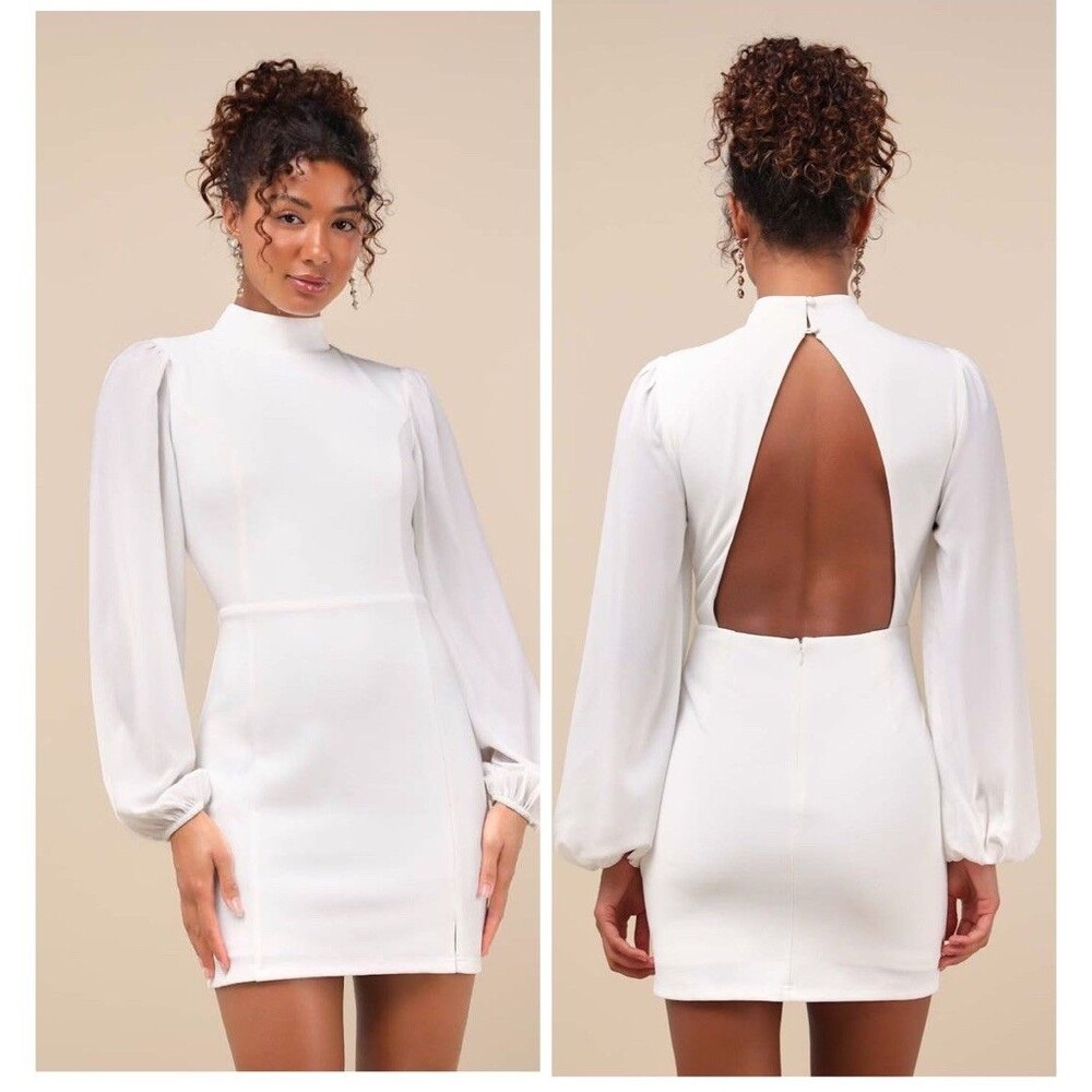 Lulu's White Long-Sleeve Mini Dress with Open Back